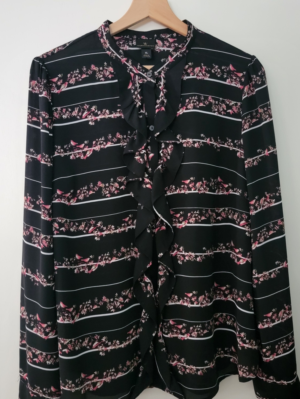 Worthington Whimsical Bird Black Blouse with Ruffled Front
